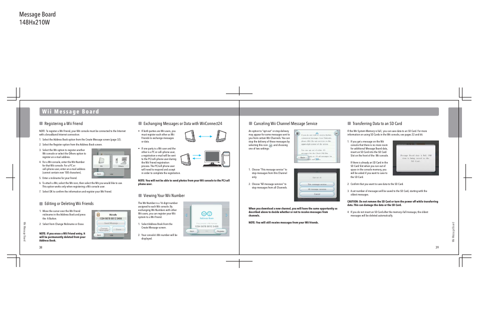 Registering a wii friend, Exchanging messages or data with wiiconnect24, Editing or deleting wii friends | Viewing your wii number, Canceling wii channel message service, Transferring data to an sd card | Nintendo Wii User Manual | Page 21 / 40