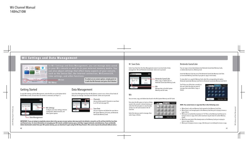 Getting started, Data management, Save data | Nintendo gamecube, Wii menu | Nintendo Wii User Manual | Page 22 / 40