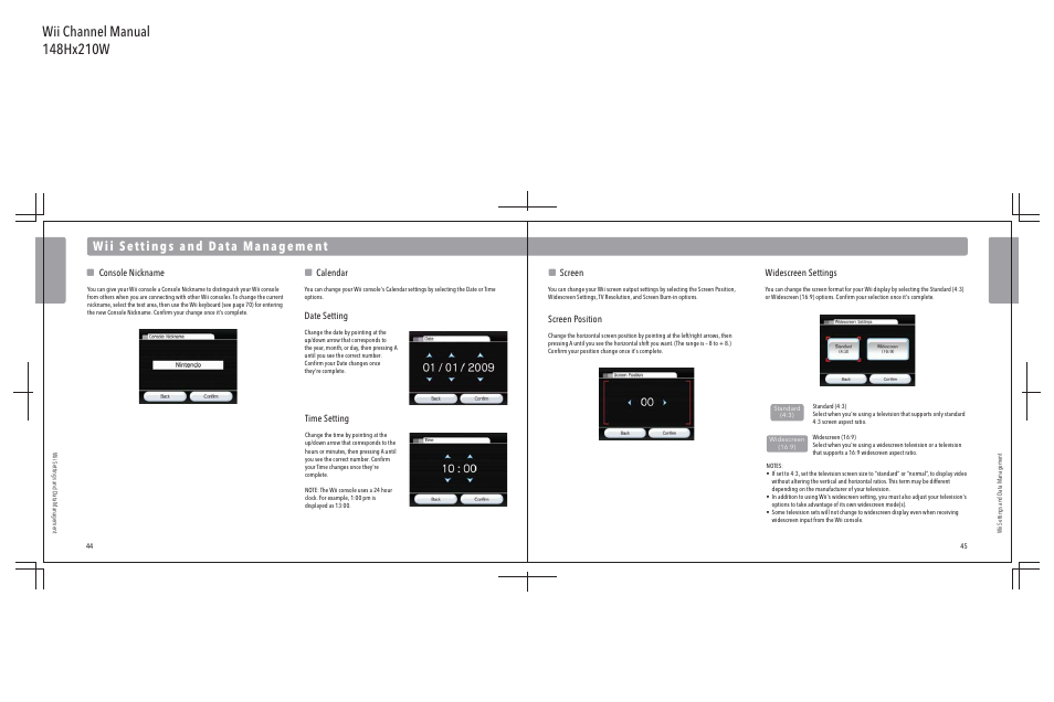 Widescreen settings, Console nickname, Calendar | Date setting, Time setting, Screen, Screen position | Nintendo Wii User Manual | Page 24 / 40