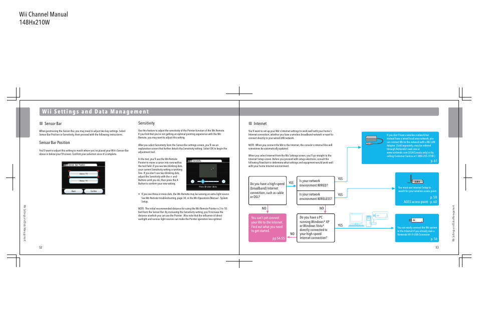 Internet, Sensitivity, Sensor bar | Sensor bar position | Nintendo Wii User Manual | Page 28 / 40