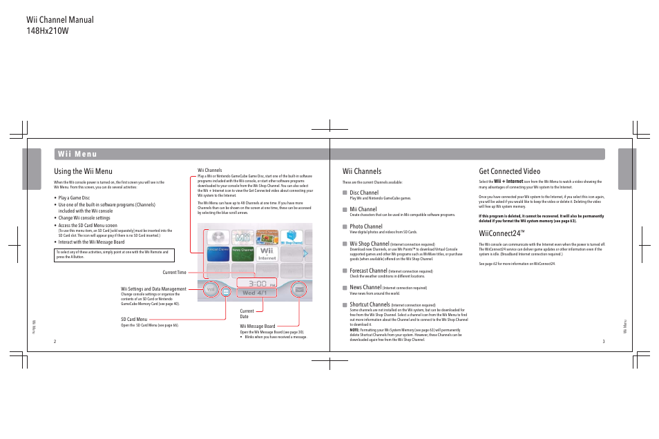 Using the wii menu, Get connected video, Wiiconnect24 | Wii channels, Disc channel, Mii channel, Photo channel, Wii shop channel, Forecast channel, News channel | Nintendo Wii User Manual | Page 3 / 40