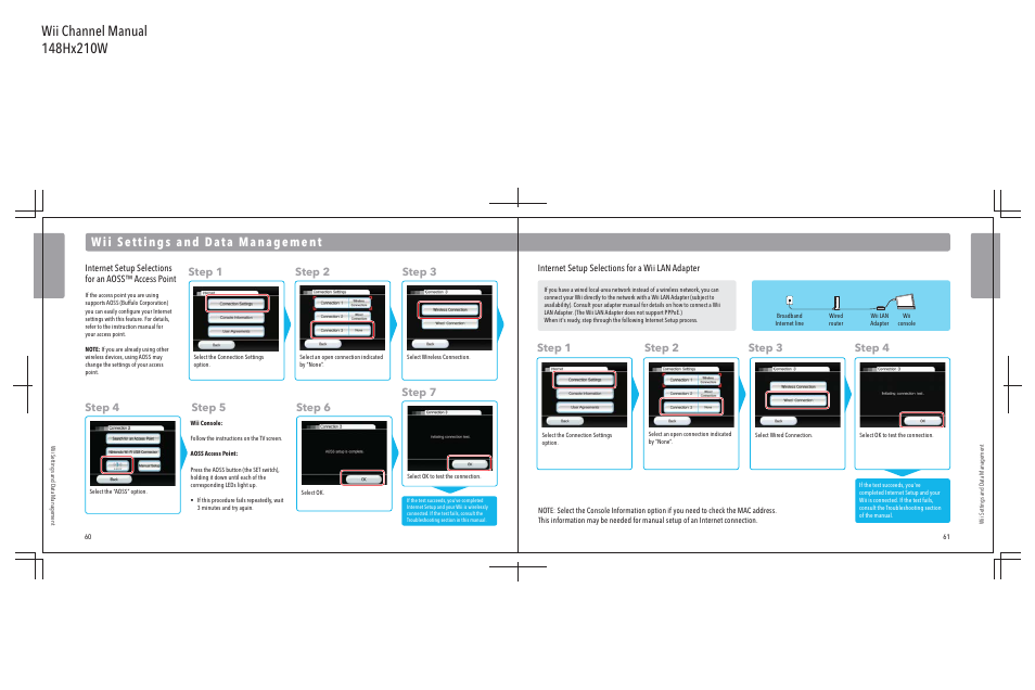 Step 1, Step 2, Step 1 step 2 step 3 step 4 | Internet setup selections for a wii lan adapter | Nintendo Wii User Manual | Page 32 / 40