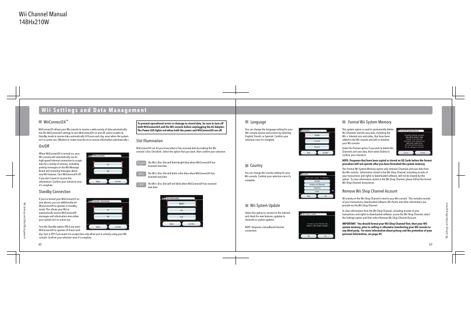 Remove wii shop channel account, Language, Wii system update | Country, Wiiconnect24, On/off, Slot illumination, Standby connection | Nintendo Wii User Manual | Page 33 / 40