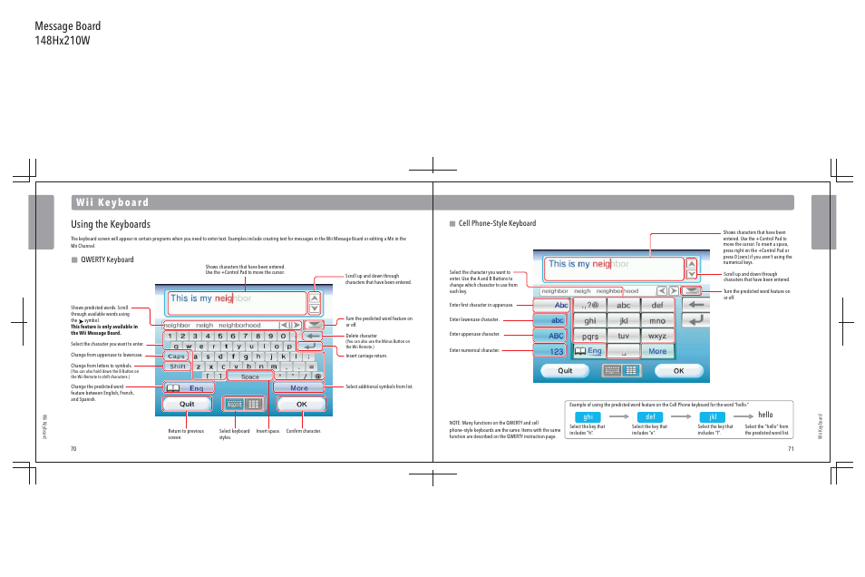Using the keyboards, Qwerty keyboard cell phone–style keyboard, Hello | Ghi def jkl | Nintendo Wii User Manual | Page 37 / 40