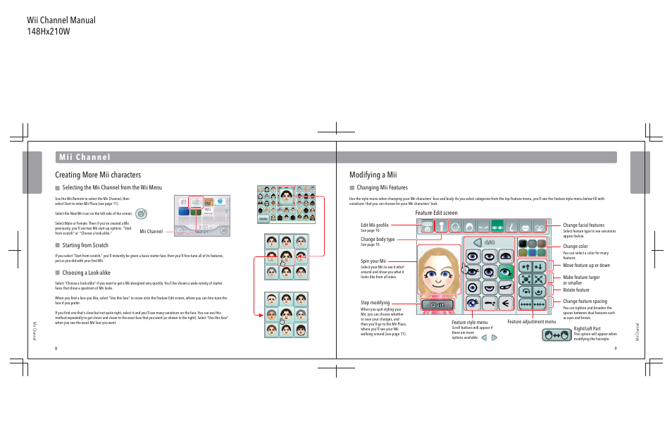 Modifying a mii, Creating more mii characters, Changing mii features | Selecting the mii channel from the wii menu, Starting from scratch, Choosing a look-alike, Feature edit screen | Nintendo Wii User Manual | Page 6 / 40