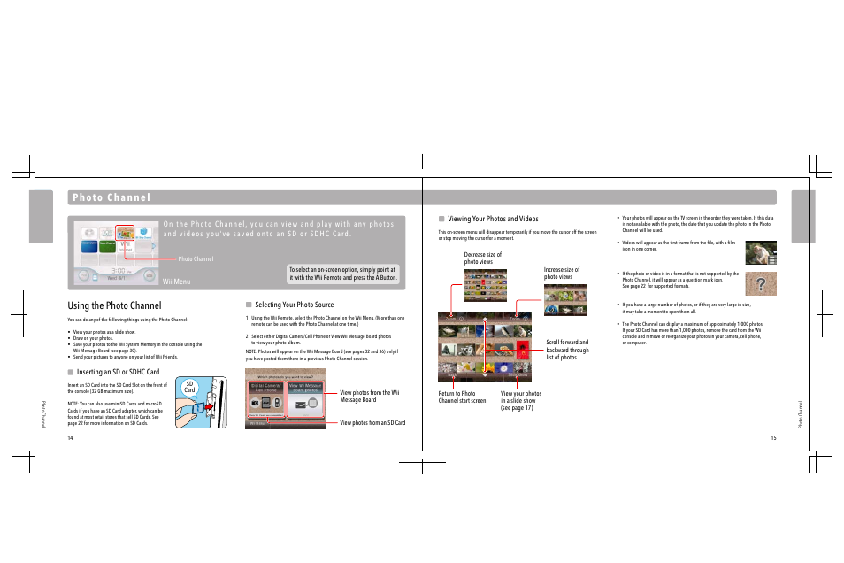 Inserting an sd or sdhc card, Selecting your photo source, Viewing your photos and videos | Nintendo Wii User Manual | Page 9 / 40