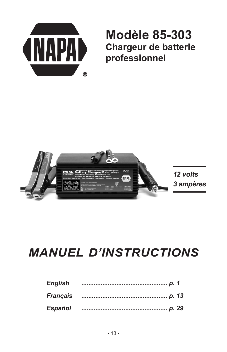 Manuel d’instructions, Chargeur de batterie professionnel | Napa Essentials 85-303 User Manual | Page 15 / 44