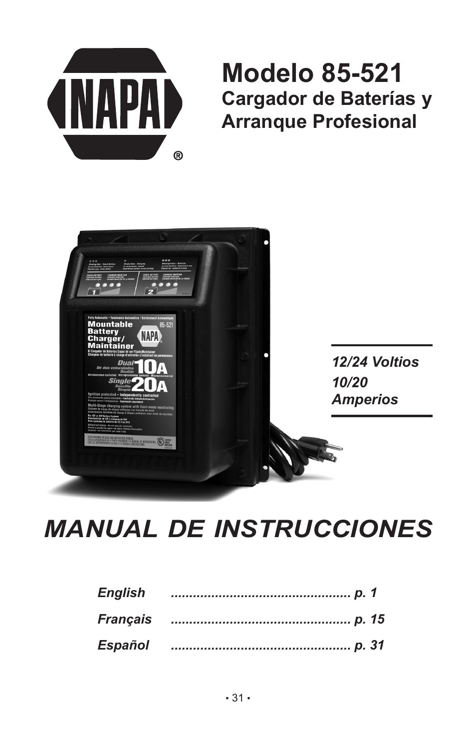 Manual de instrucciones, Cargador de baterías y arranque profesional | Napa Essentials 85-521 User Manual | Page 33 / 48