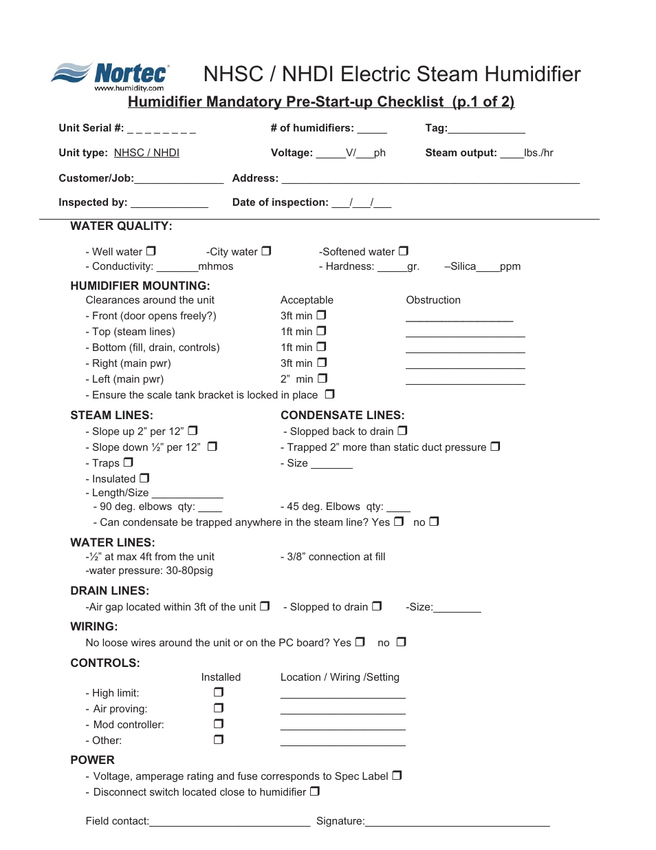 Nhsc / nhdi electric steam humidifier | Nortec NHDI User Manual | Page 29 / 40