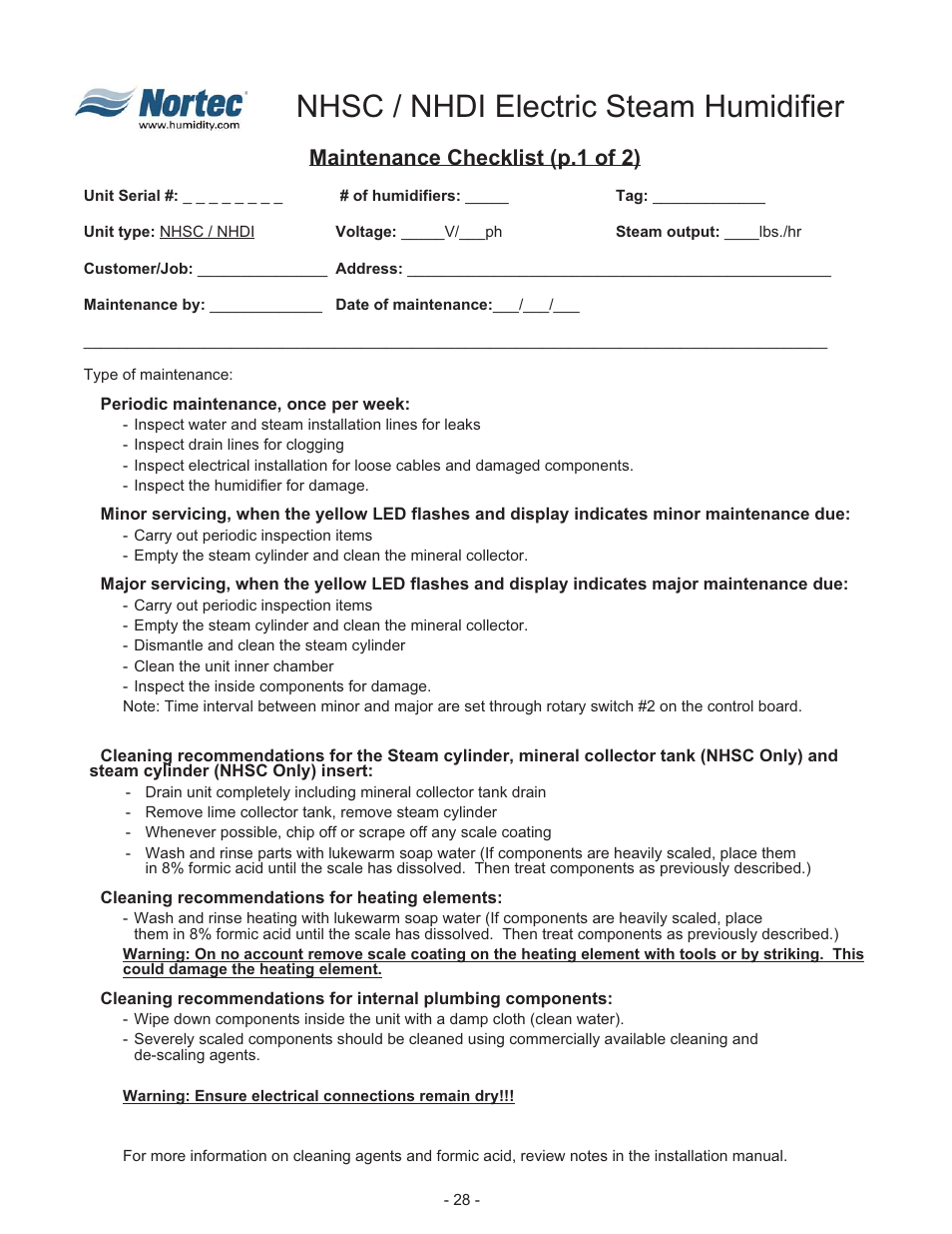 Nhsc / nhdi electric steam humidifier, Maintenance checklist (p.1 of 2) | Nortec NHDI User Manual | Page 31 / 40