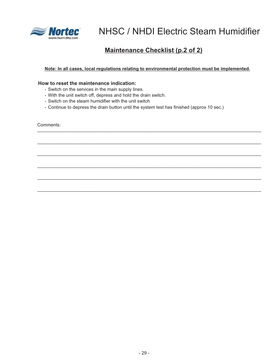 Nhsc / nhdi electric steam humidifier, Maintenance checklist (p.2 of 2) | Nortec NHDI User Manual | Page 32 / 40