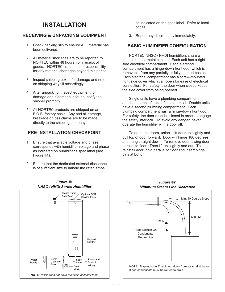 In stal la tion 1, Re ceiving & un packing equip ment 1, Pre-installation check point 1 | Ba sic hu mid ifier con fig u ra tion 1, Installation, Receiving & unpacking equipment, Pre-installation checkpoint, Basic humidifier configuration | Nortec NHDI User Manual | Page 4 / 40