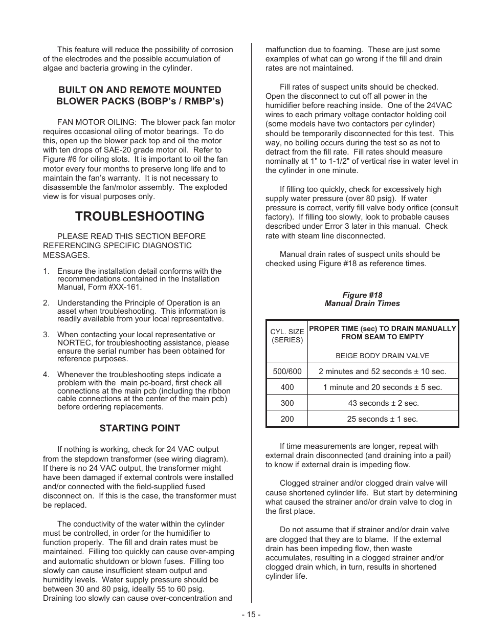 Nhb/nhp op er a tion 9, End of cyl in der life 9, Man ual ca pac ity ad just ment 10 | Other po ten ti om e ters 10, De tecting wa ter supply deficiency 10, Re mote in di ca tion 10, Dou ble unit op er a tion 10, Blower pack op er a tion 10, Troubleshooting | Nortec 132-3091 User Manual | Page 18 / 40