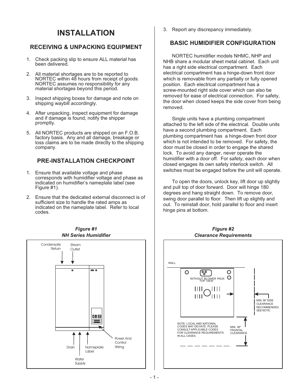 In stal la tion 1, Re ceiving & un packing equip ment 1, Pre-installation check point 1 | Ba sic hu mid ifier con fig u ra tion 1, Installation, Receiving & unpacking equipment, Pre-installation checkpoint, Basic humidifier configuration | Nortec 132-3091 User Manual | Page 4 / 40