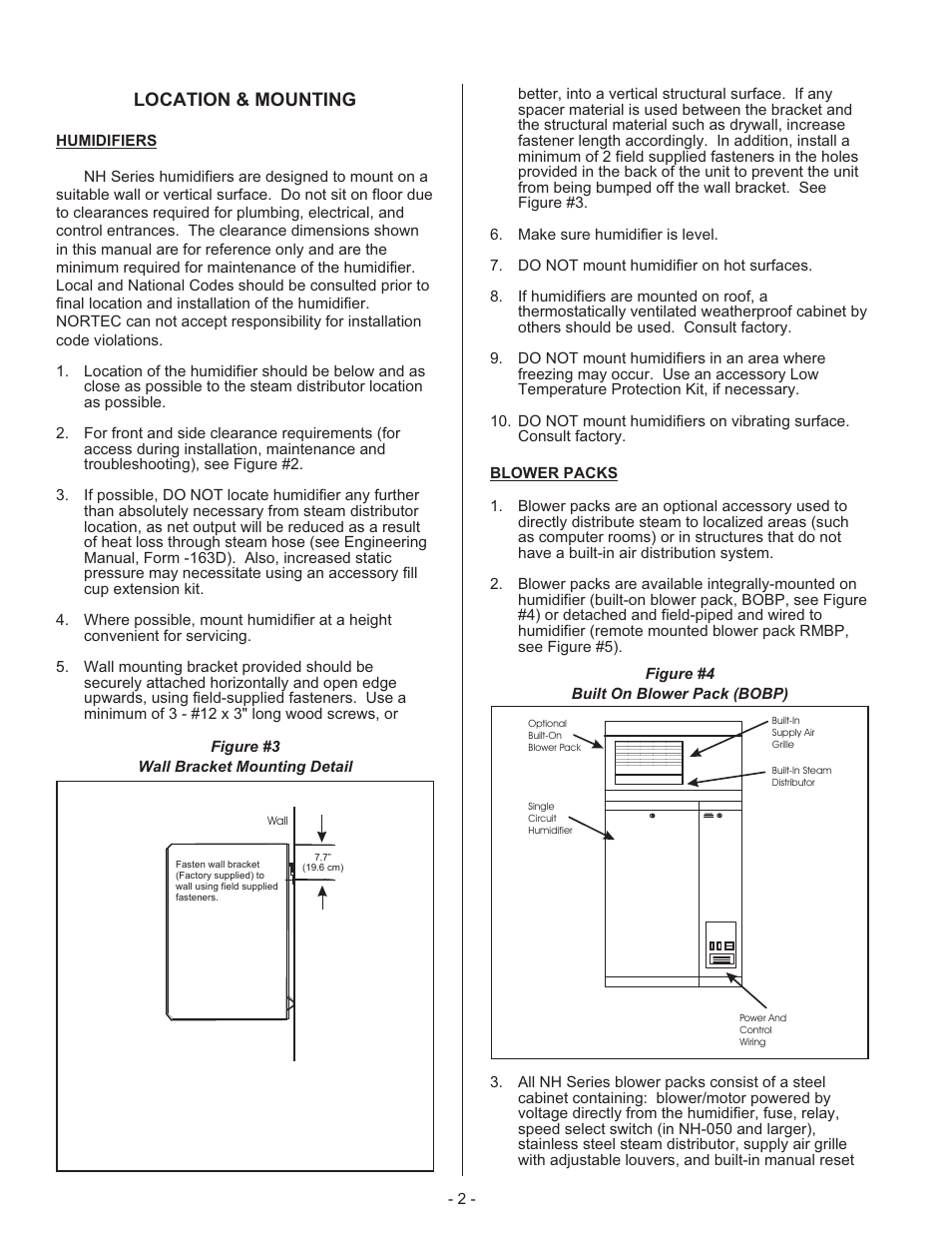 Lo ca tion & mounting 2, Hu mid i fiers 2, Blower packs 2 | Location & mounting humidifiers blower packs, Location & mounting | Nortec 132-3091 User Manual | Page 5 / 40