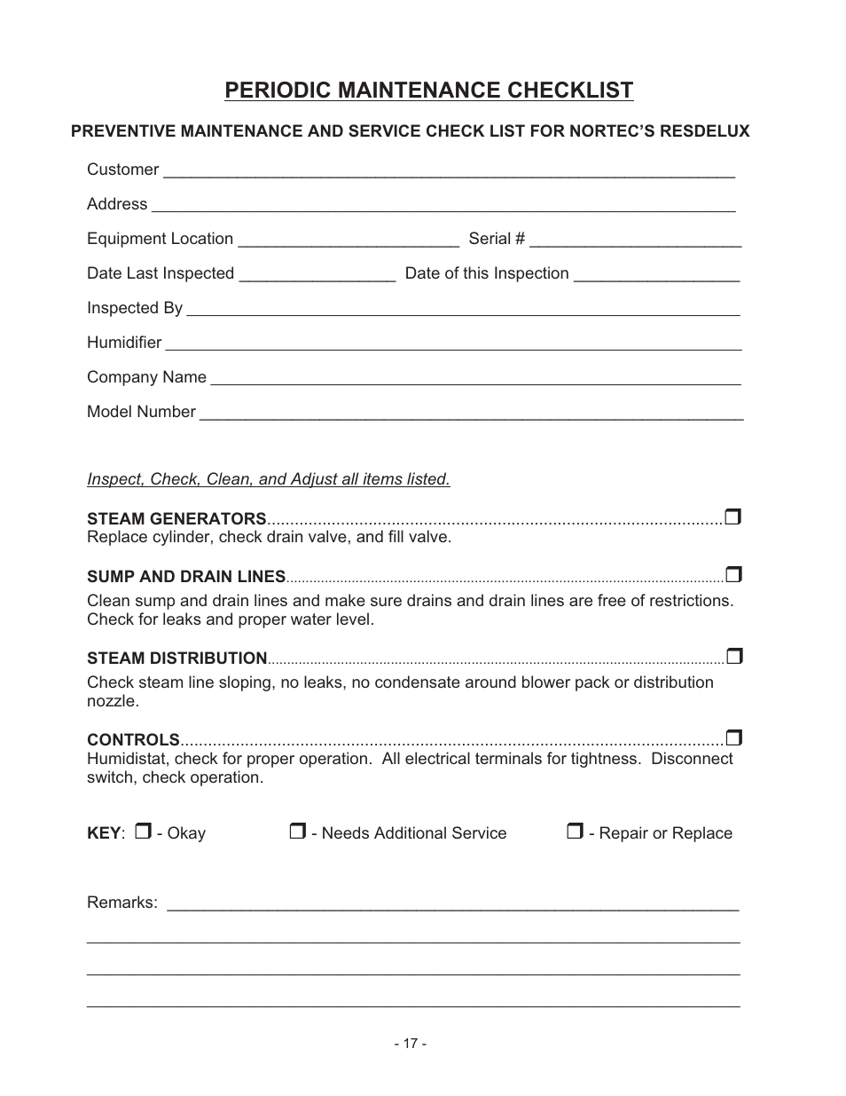 Periodic maintenance checklist | Nortec Steam Humidifiers User Manual | Page 20 / 22