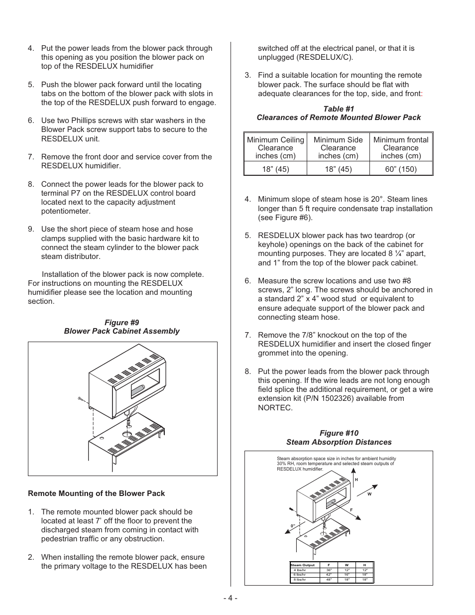 Re mote mount ing the blower pack 4, Plumbing 5, Wa ter supply line 5 | Remote mounting the blower pack, Plumbing, Water supply line | Nortec RESDELUX 1505691-B User Manual | Page 7 / 22