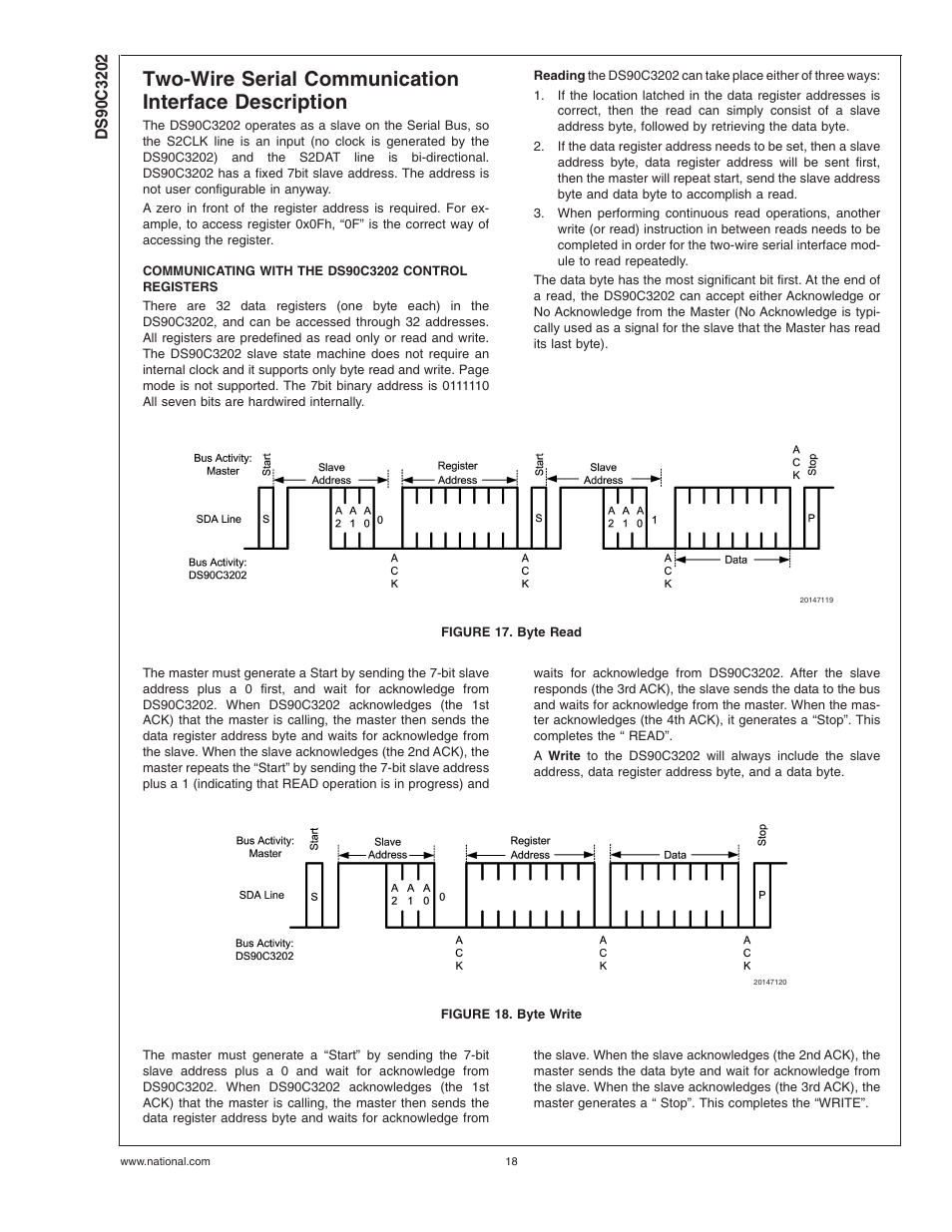 Communicating with the ds90c3202 control registers, Figure 17. byte read, Figure 18. byte write | National Products DS90C3202 User Manual | Page 18 / 22