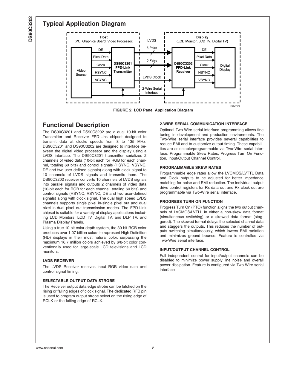 Typical application diagram, Functional description, Lvds receiver | Selectable output data strobe, Wire serial communication interface, Programmable skew rates, Progress turn on function, Input/output channel control | National Products DS90C3202 User Manual | Page 2 / 22