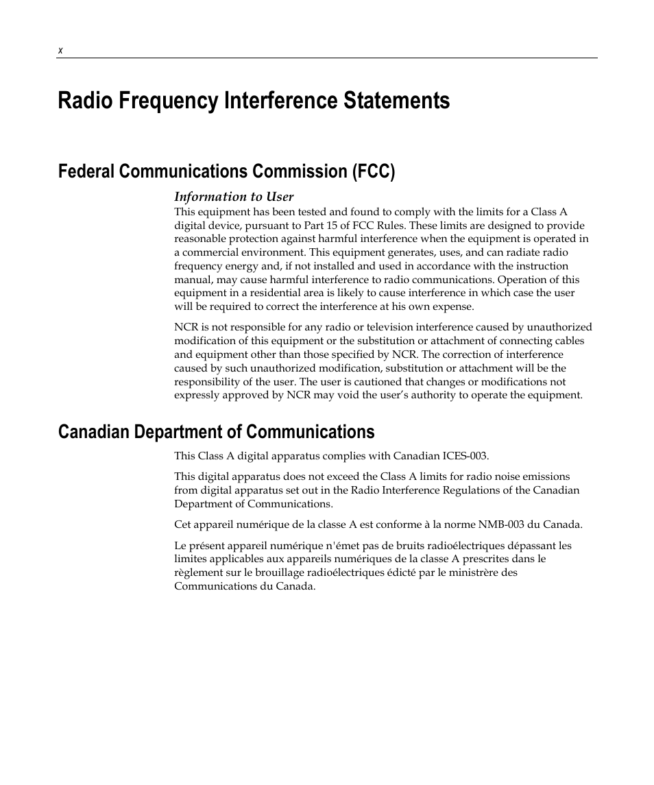 Radio frequency interference statements, Federal communications commission (fcc), Canadian department of communications | NCR 7458 User Manual | Page 12 / 112