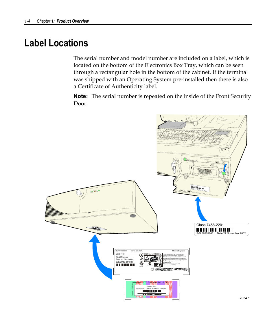 Label locations, 4 chapter 1: product overview | NCR 7458 User Manual | Page 18 / 112