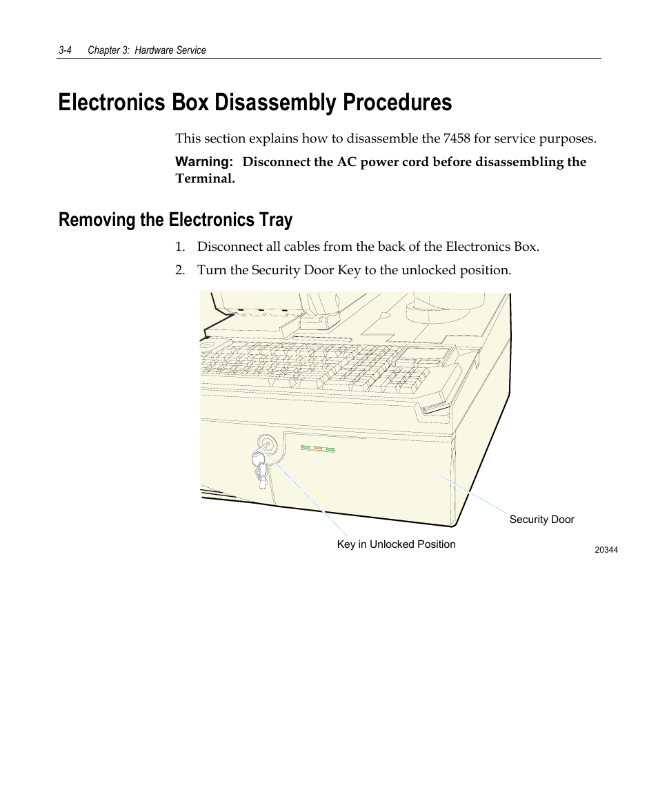 Electronics box disassembly procedures, Removing the electronics tray | NCR 7458 User Manual | Page 28 / 112