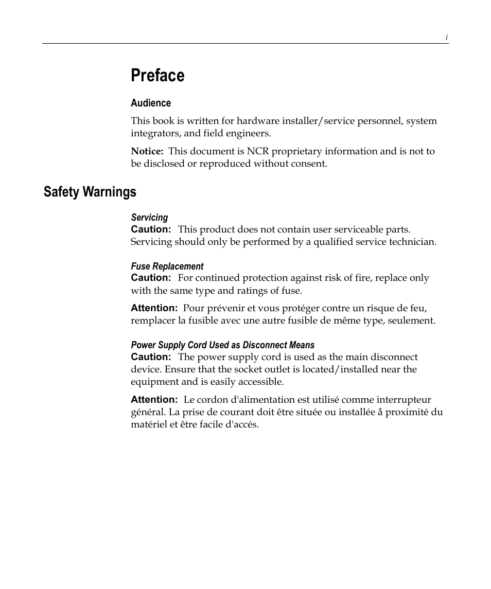 Preface, Safety warnings | NCR 7458 User Manual | Page 3 / 112