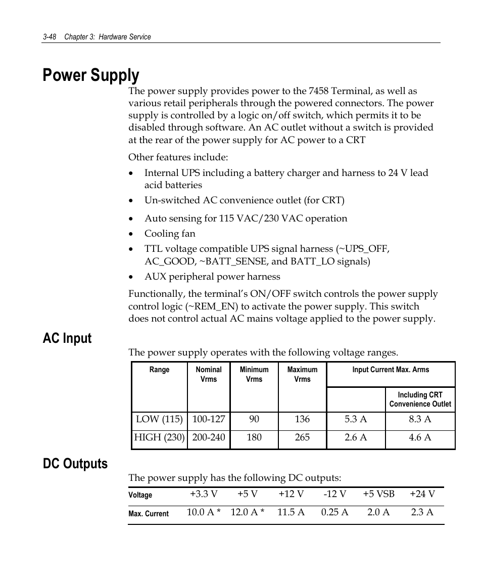 Power supply, Ac input, Dc outputs | NCR 7458 User Manual | Page 72 / 112