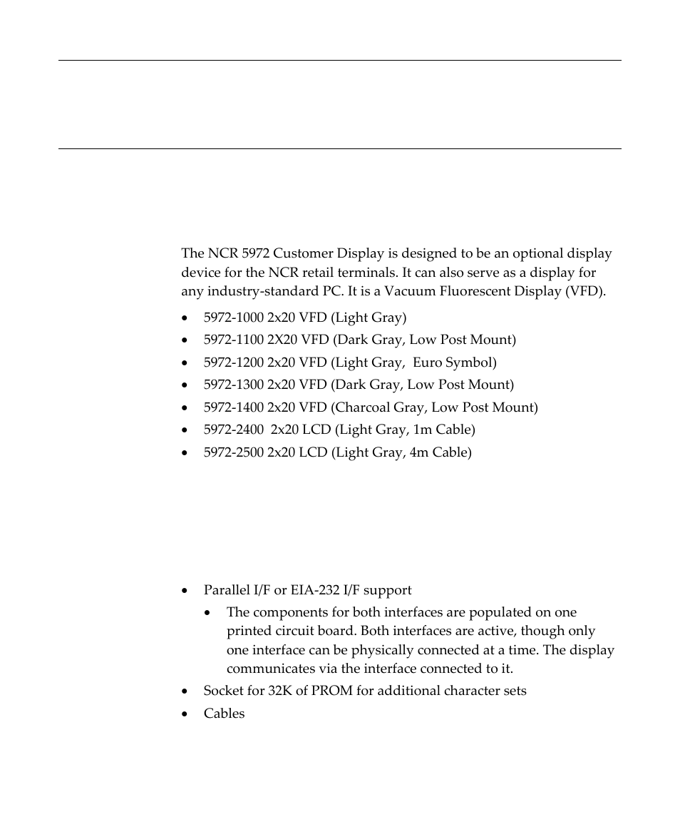Chapter 1: introduction, Models, Features | Vfd models, Introduction, Chapter 1 | NCR Customer Display NCR 5972 User Manual | Page 11 / 90