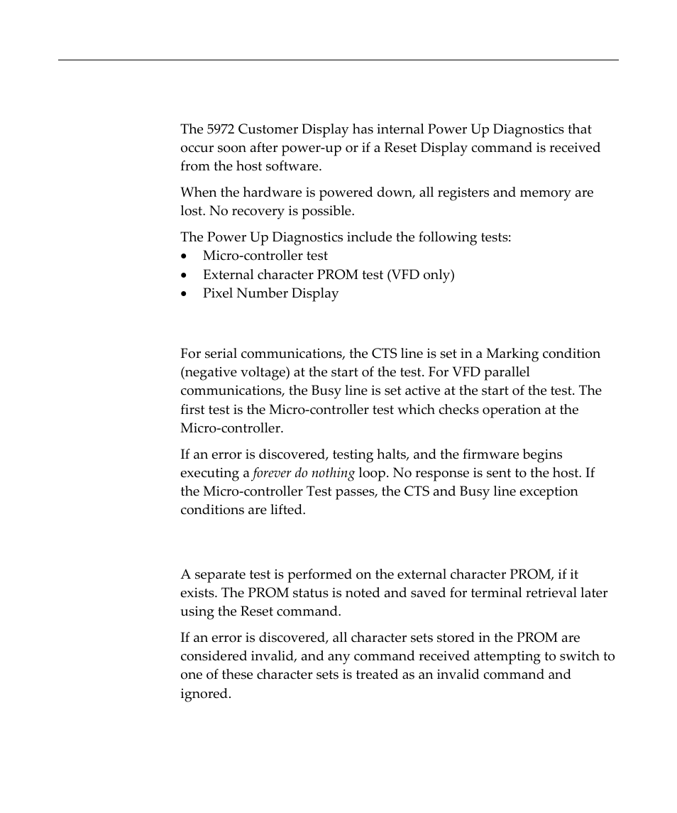 Diagnostics, Micro-controller test, External memory test character (vfd only) | The customer display ‐1, Power source warning ‐1, Installation goal ‐2 | NCR Customer Display NCR 5972 User Manual | Page 29 / 90