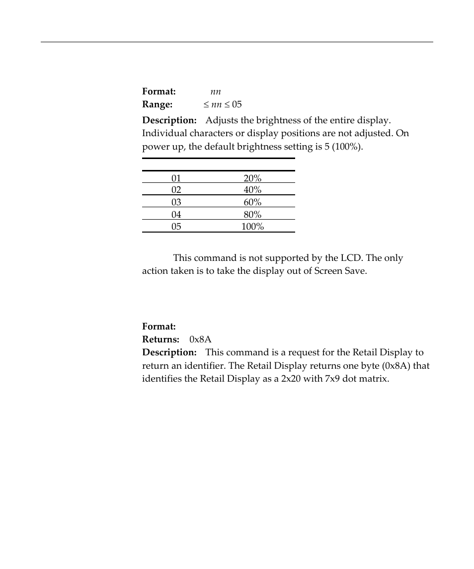 Brightness adjustment, Read display id byte, Character blink ‐9 | NCR Customer Display NCR 5972 User Manual | Page 43 / 90