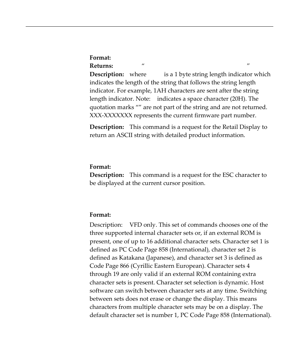 Read display id string, Display esc character, Select character set n | Character blink ‐10, Cursor left ‐10, Cursor right ‐10 | NCR Customer Display NCR 5972 User Manual | Page 44 / 90
