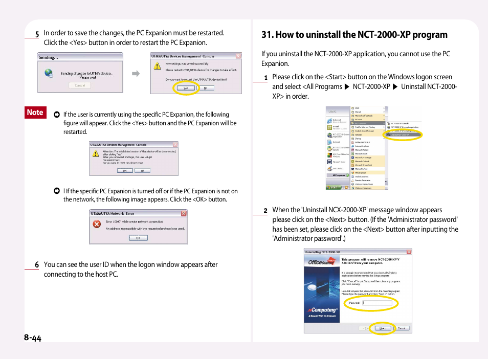 How to uninstall the nct-2000-xp program | NComputing PC Expanion L120 User Manual | Page 85 / 98