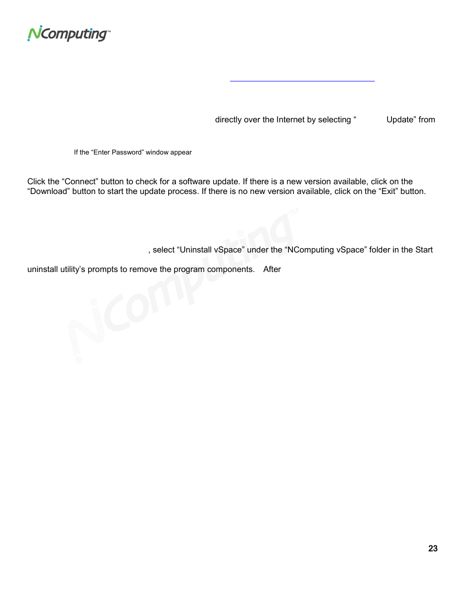 Updating the vspace software, Uninstallation, Client access license (cal) installation | NComputing L300 User Manual | Page 23 / 59