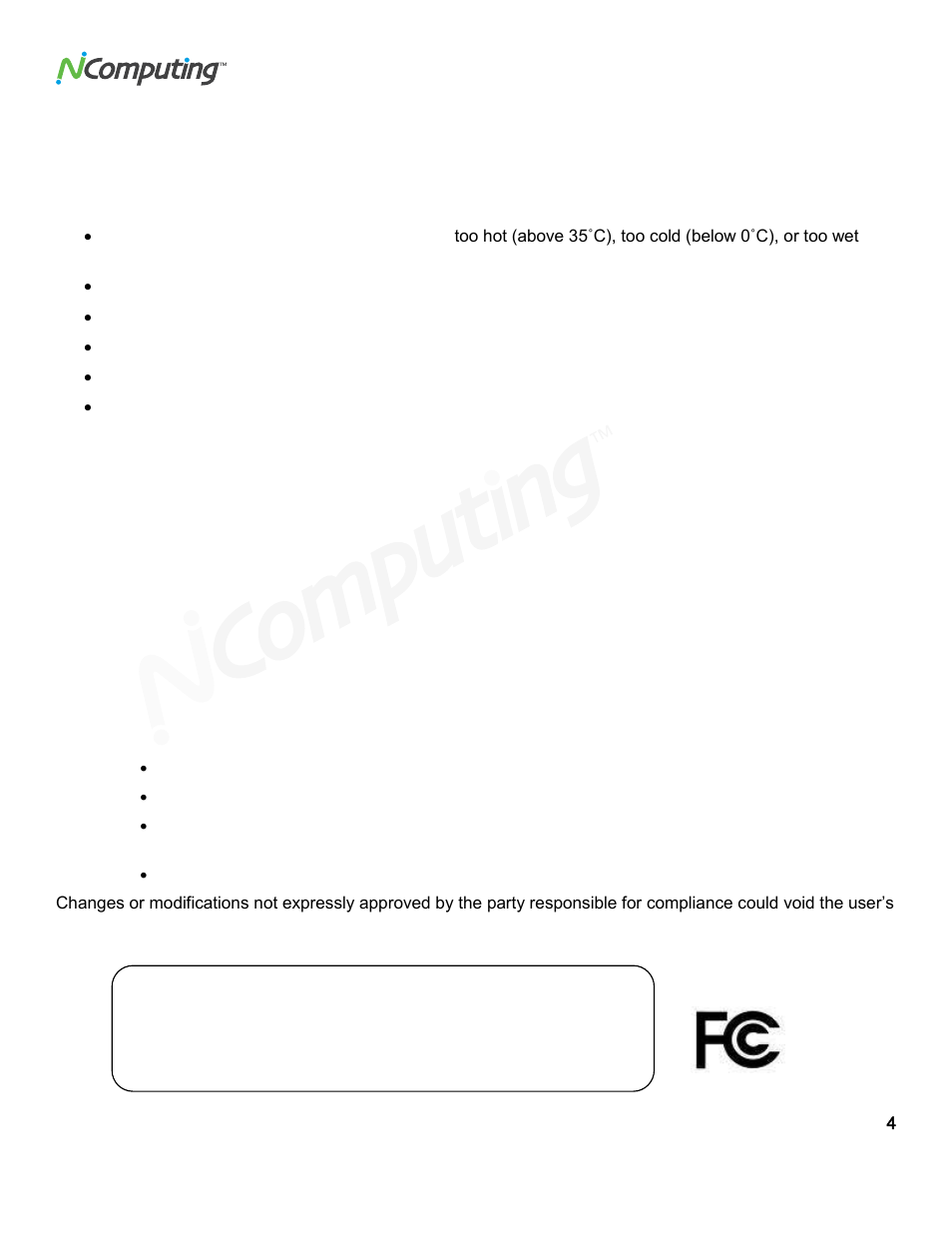Safety information, Regulatory compliance, Nformation | Fcc information | NComputing L300 User Manual | Page 4 / 59