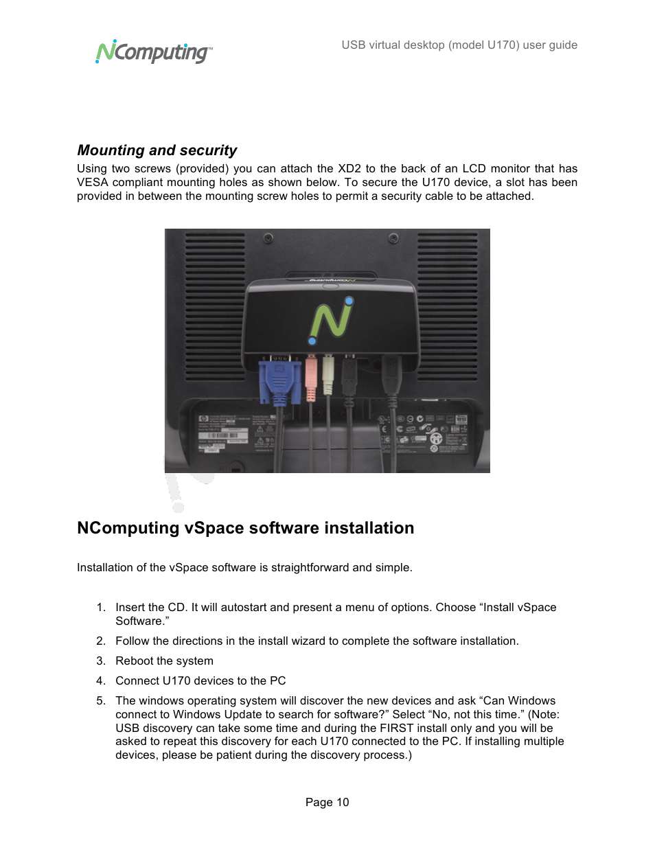 Ncomputing vspace software installation, Mounting and security | NComputing VSPACE U170 User Manual | Page 10 / 19