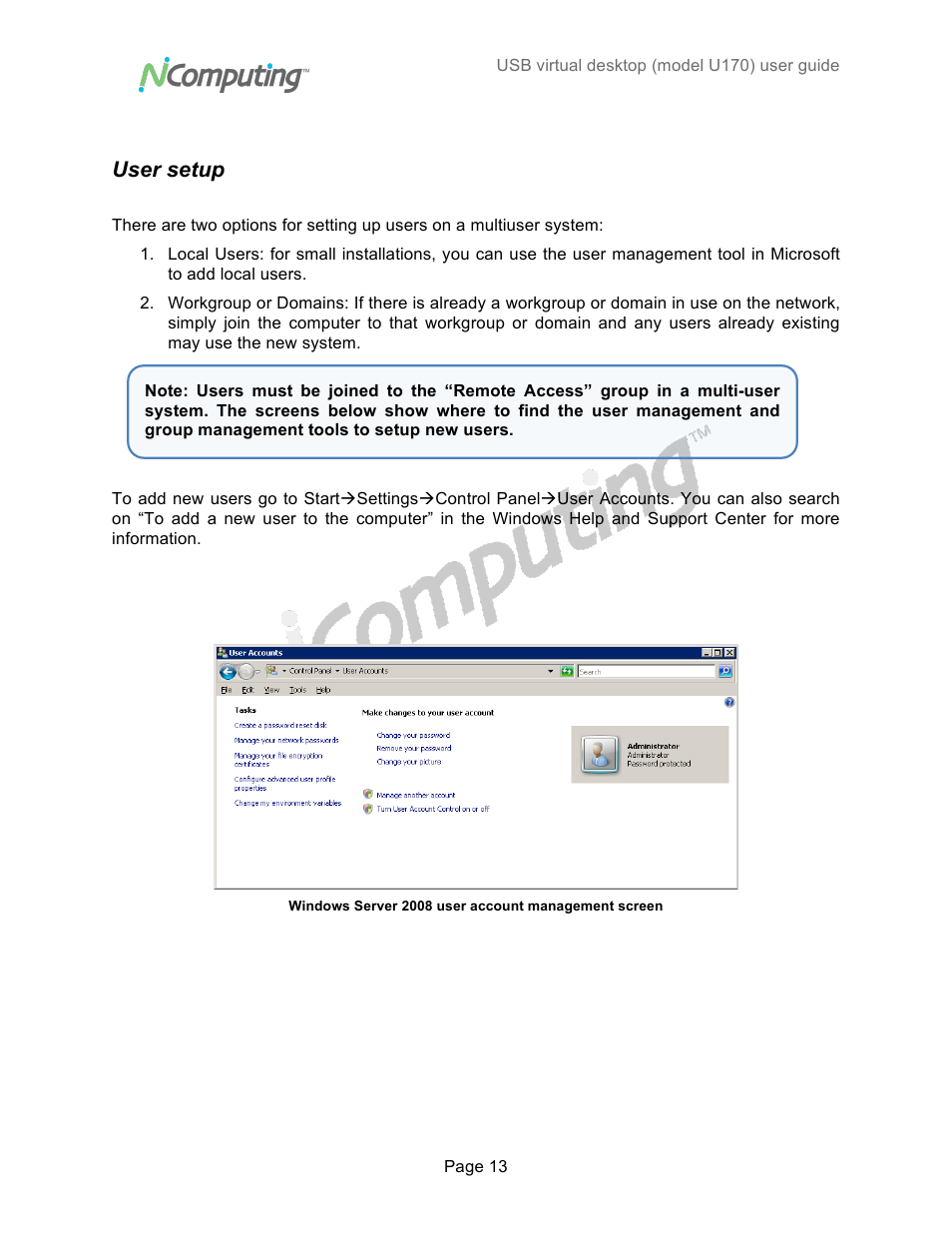 User setup | NComputing VSPACE U170 User Manual | Page 13 / 19