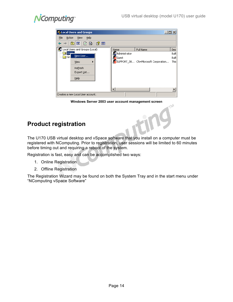 Product registration | NComputing VSPACE U170 User Manual | Page 14 / 19