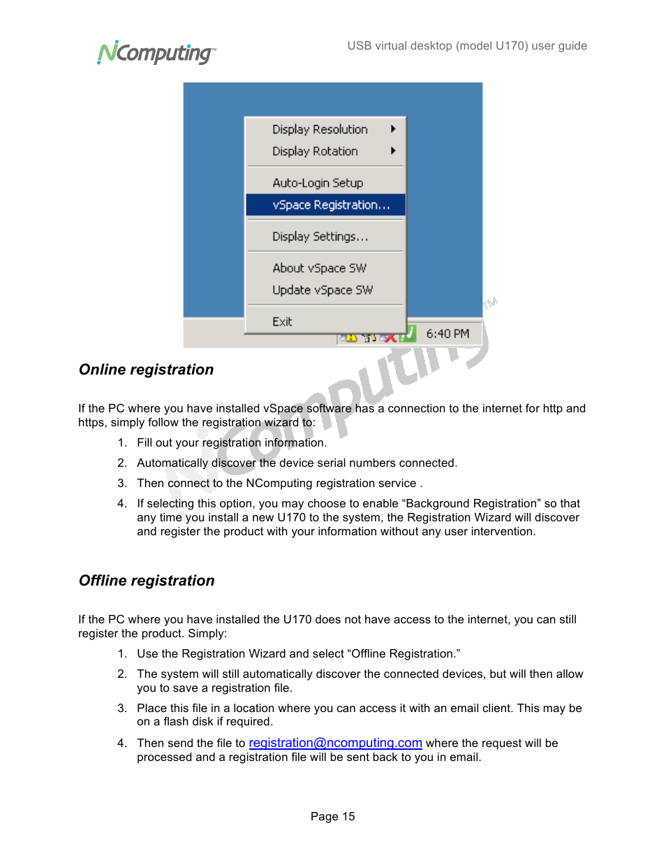 Online registration, Offline registration | NComputing VSPACE U170 User Manual | Page 15 / 19