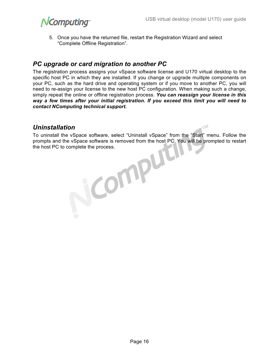 Pc upgrade or card migration to another pc, Uninstallation | NComputing VSPACE U170 User Manual | Page 16 / 19