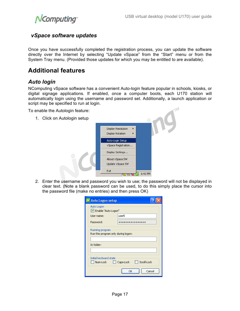 Additional features, Vspace software updates, Auto login | NComputing VSPACE U170 User Manual | Page 17 / 19