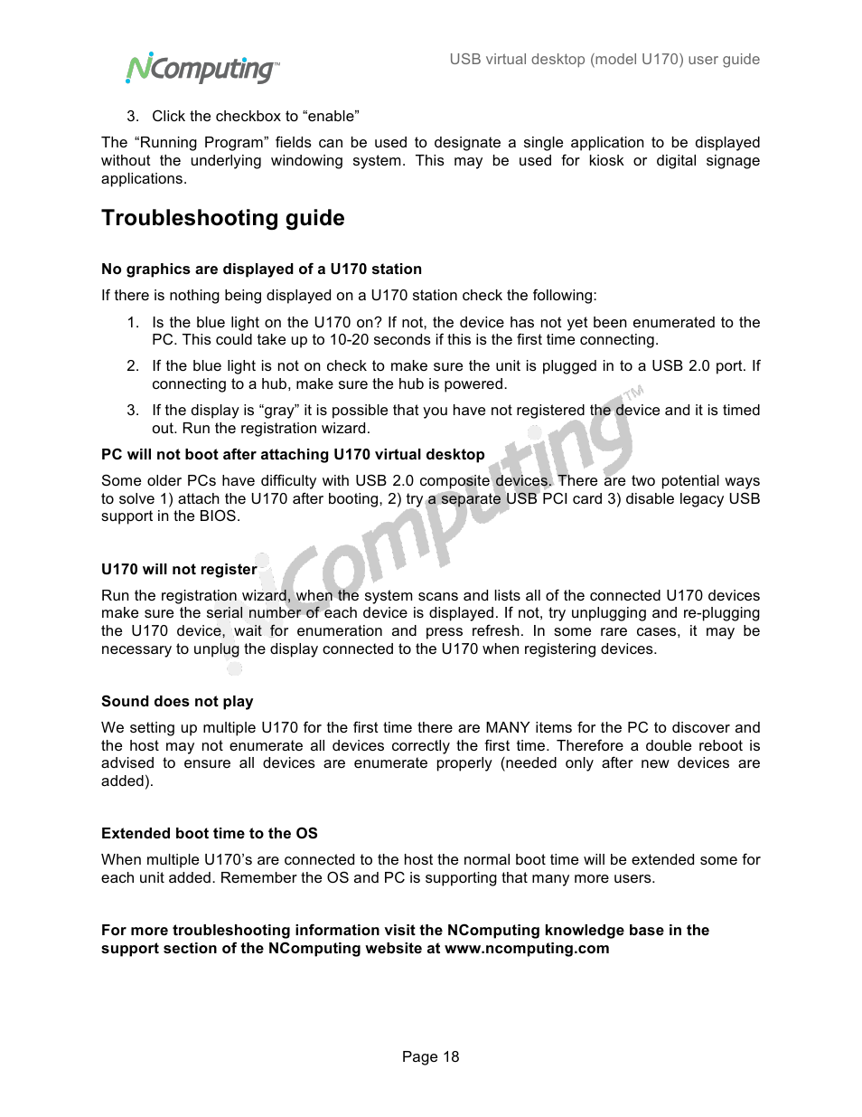 Troubleshooting guide | NComputing VSPACE U170 User Manual | Page 18 / 19