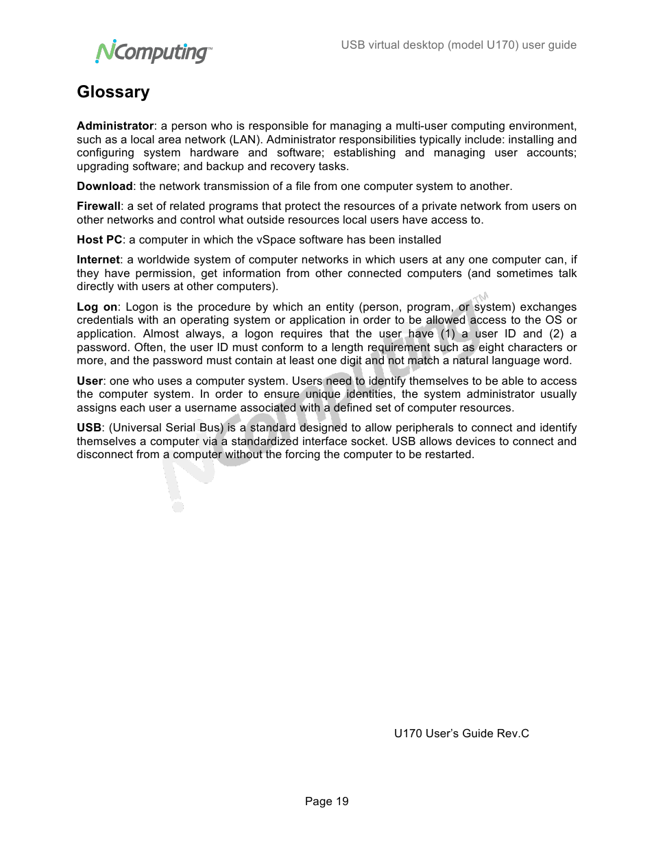 Glossary | NComputing VSPACE U170 User Manual | Page 19 / 19