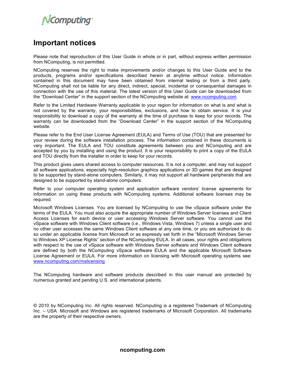 Important notices | NComputing VSPACE U170 User Manual | Page 2 / 19
