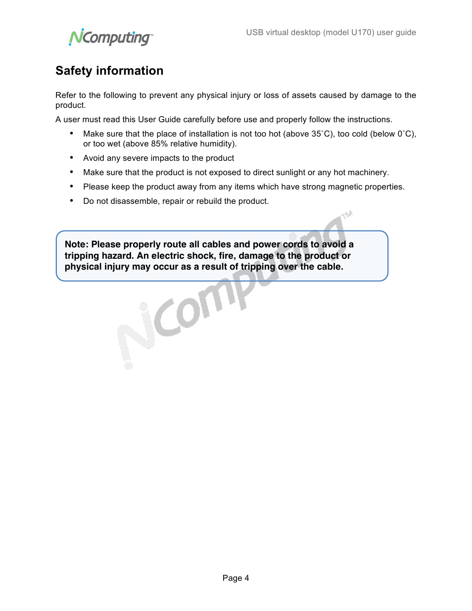 Safety information | NComputing VSPACE U170 User Manual | Page 4 / 19