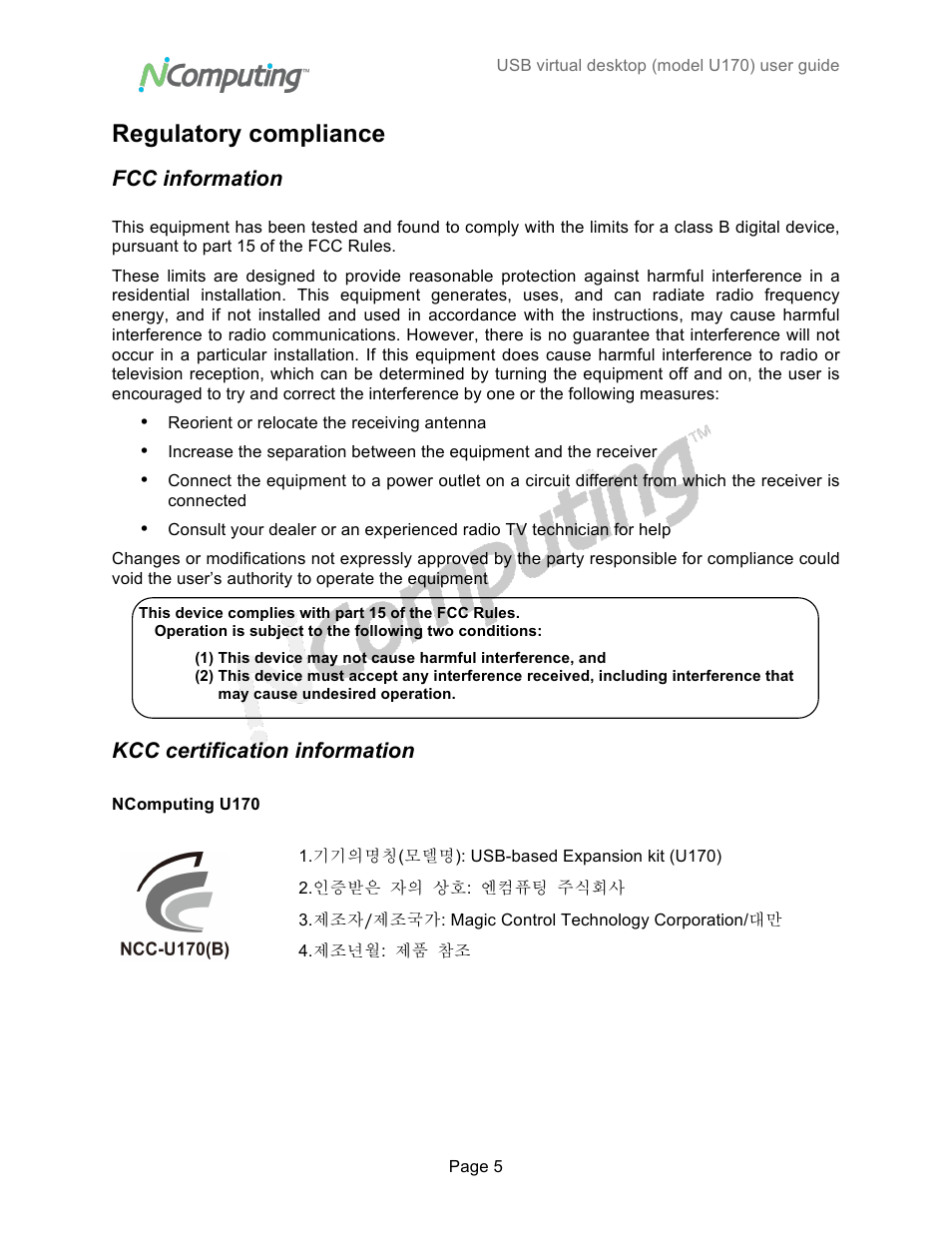 Regulatory compliance, Fcc information, Kcc certification information | NComputing VSPACE U170 User Manual | Page 5 / 19