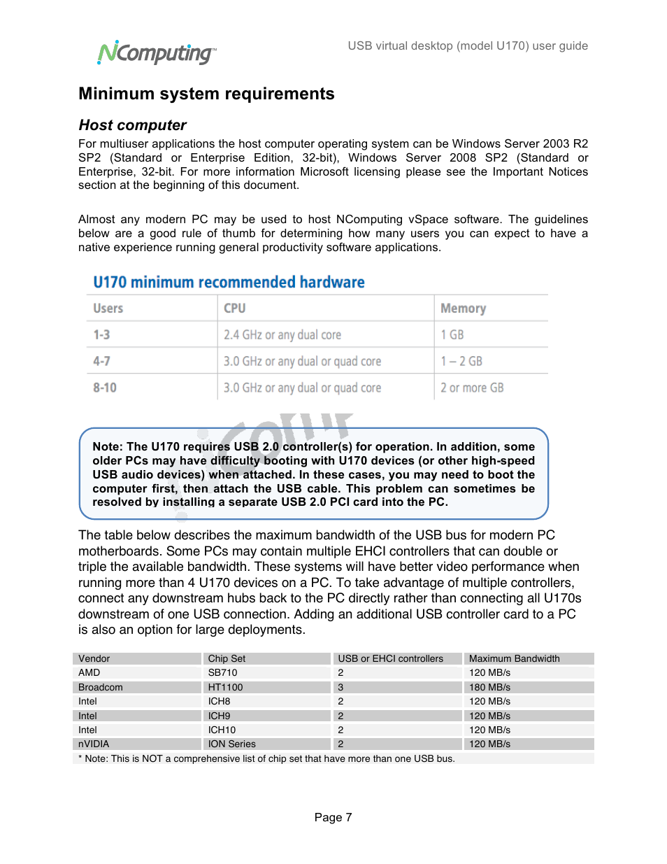 Minimum system requirements, Host computer | NComputing VSPACE U170 User Manual | Page 7 / 19