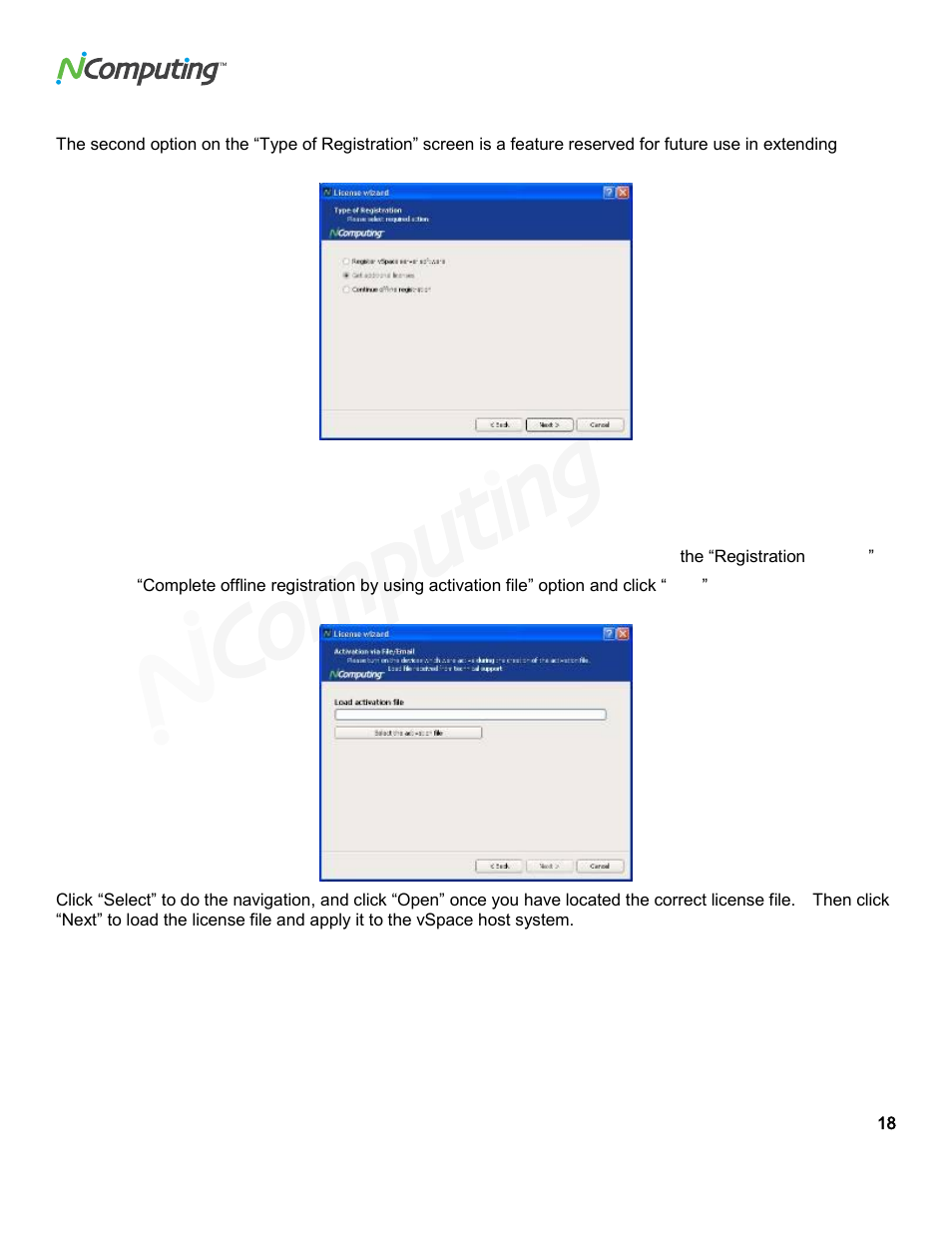 Add additional vspace license, Completing the offline registration process | NComputing VSPACE L300 User Manual | Page 18 / 53