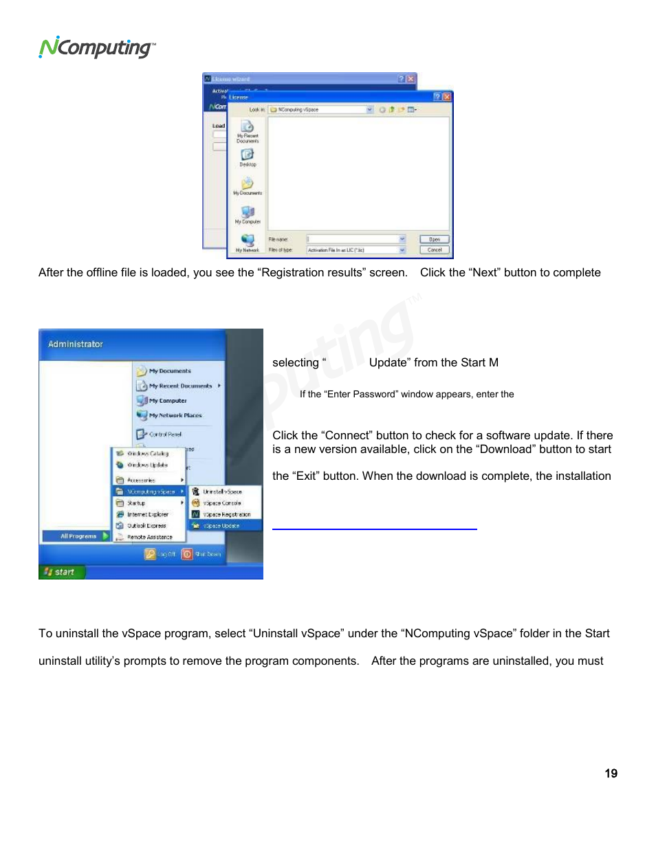 Updating the vspace software, Uninstallation | NComputing VSPACE L300 User Manual | Page 19 / 53