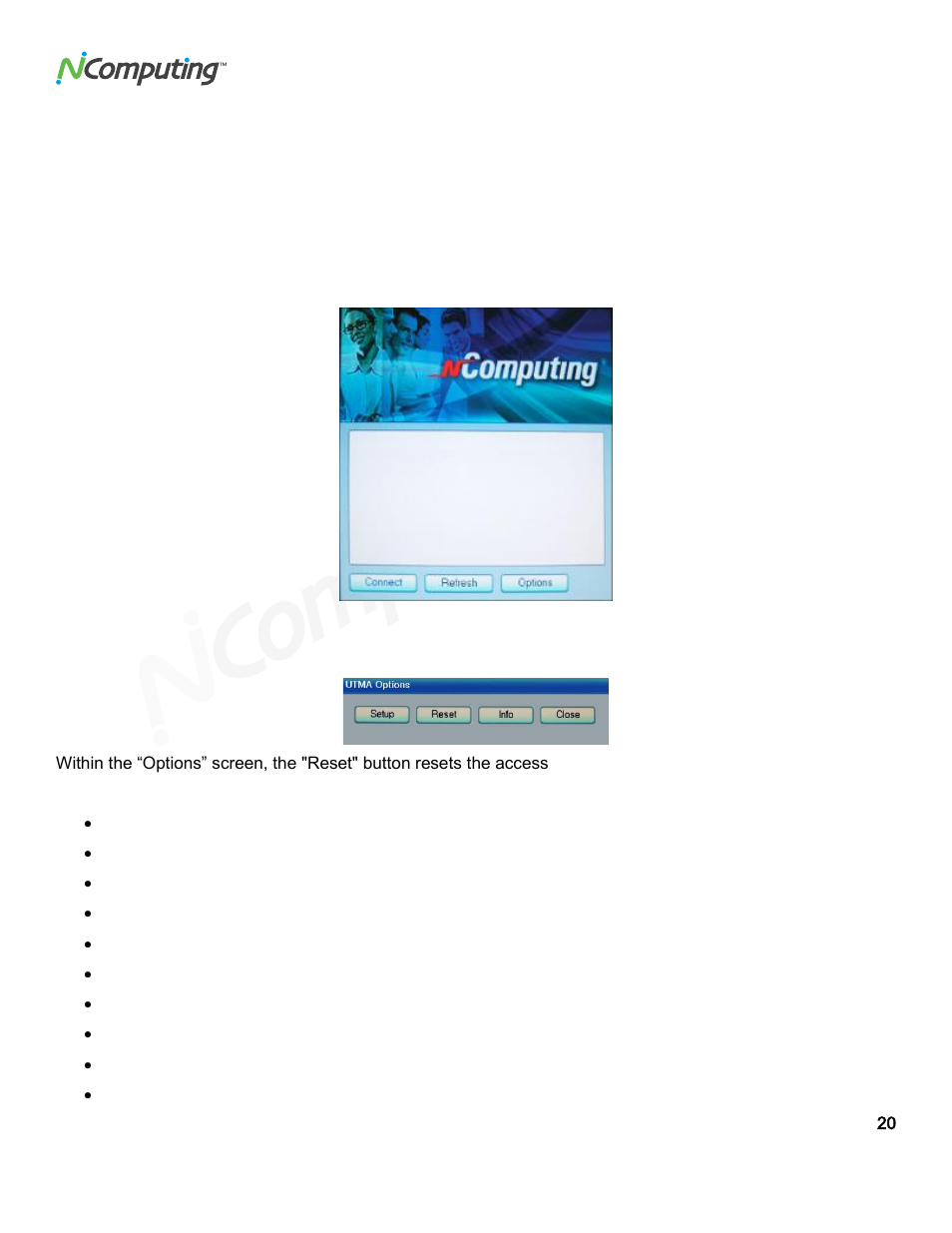 Using your l-series access device, L130/l230 access devices, The options menu | NComputing VSPACE L300 User Manual | Page 20 / 53